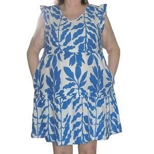 Rachel Zoe Linen Blend Dress Blue White Size XL Tiered Flutter Sleeve Coastal